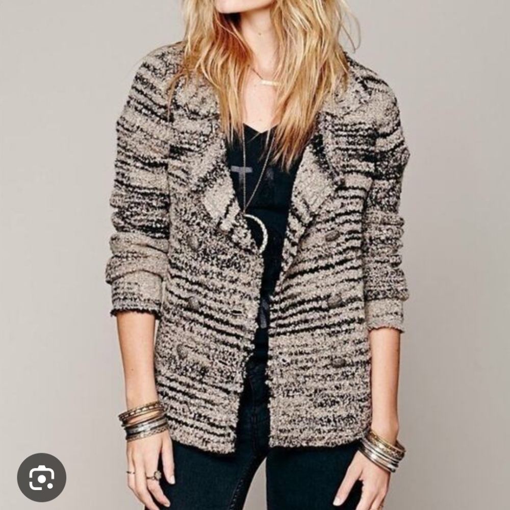 Free People Black and Gray Striped Pea Coat